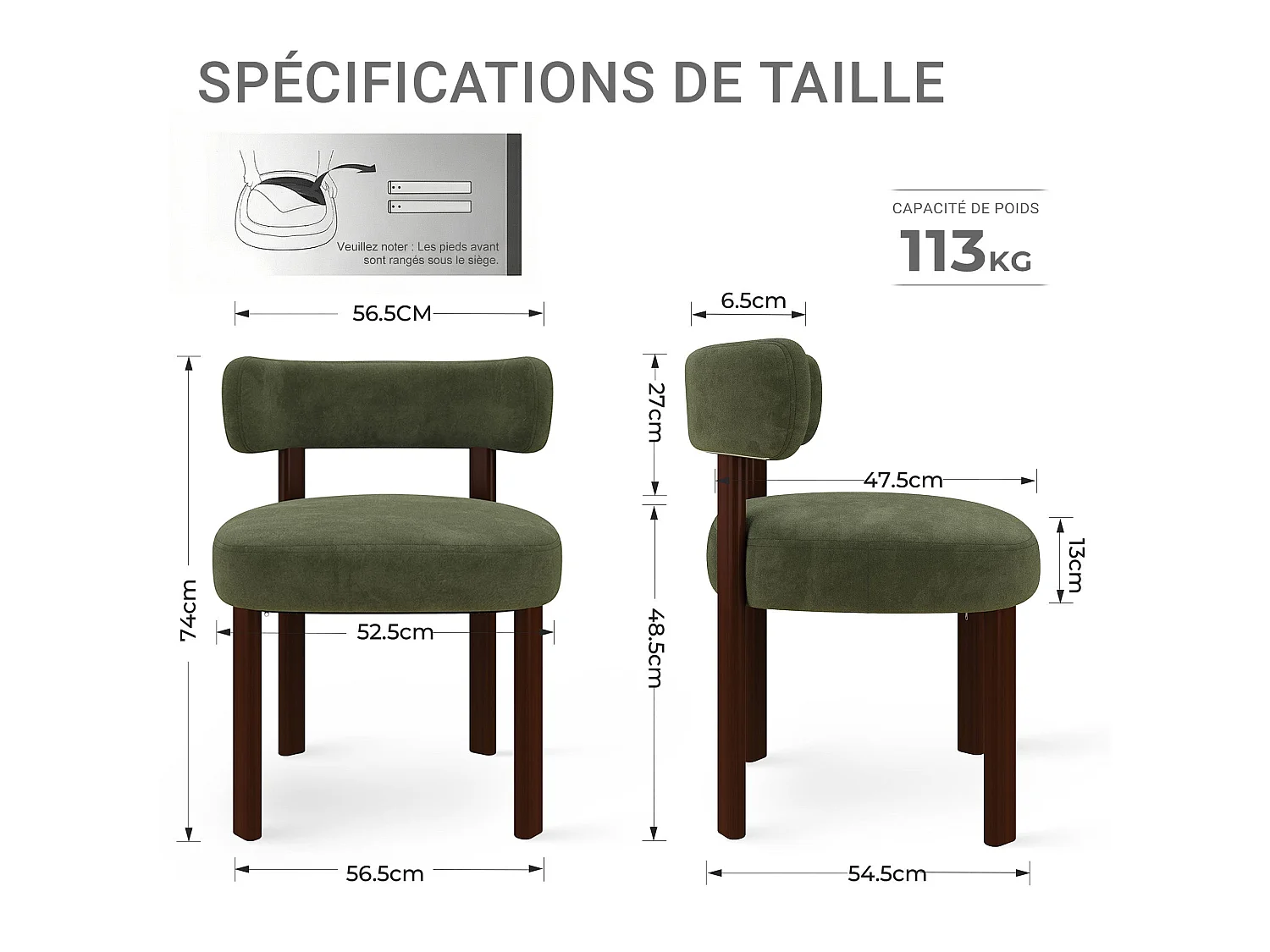 Lot de 6 chaises de salle à manger en bois massif vert, tissu velours, dossier incurvé