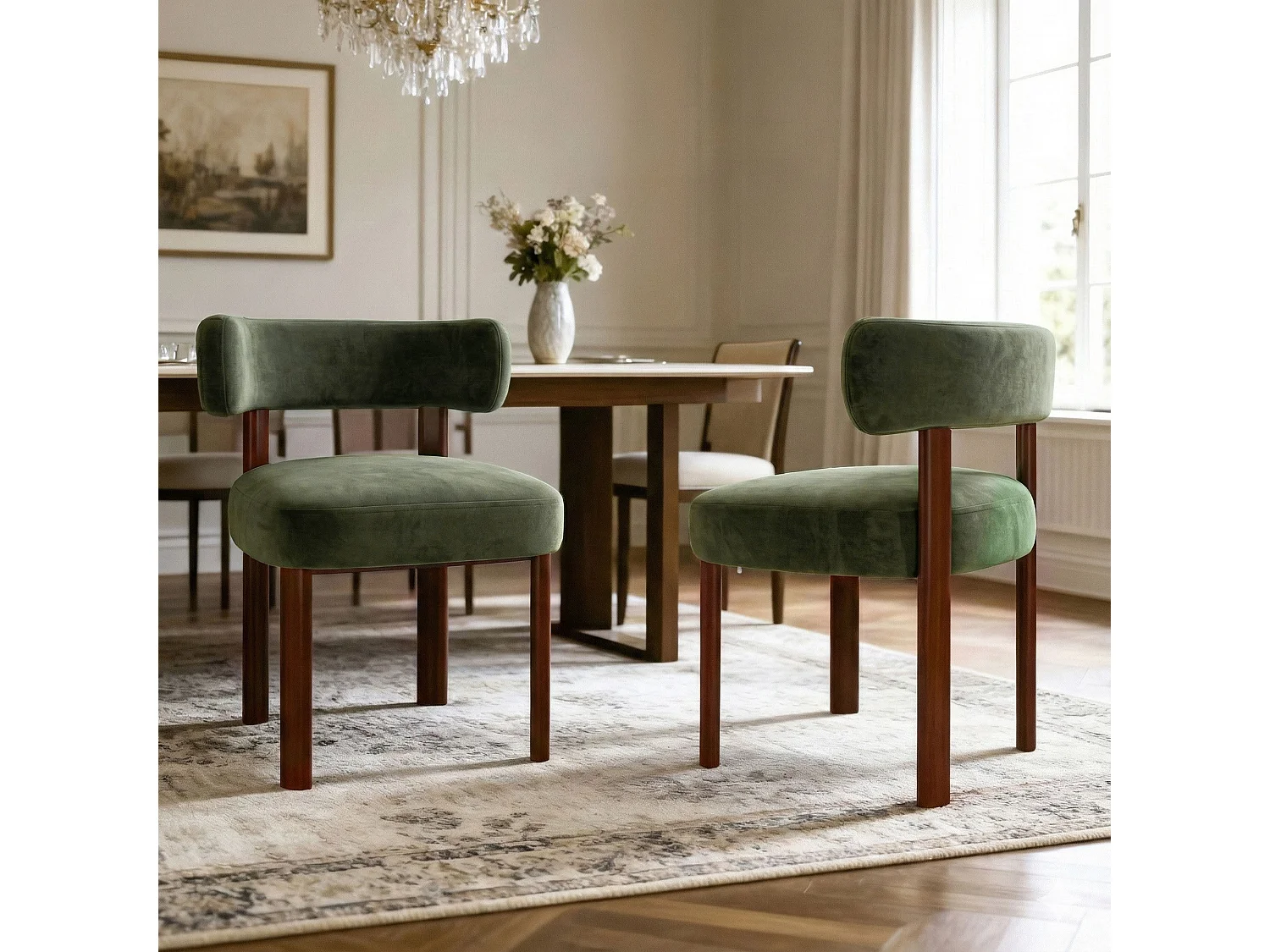 Lot de 6 chaises de salle à manger en bois massif vert, tissu velours, dossier incurvé