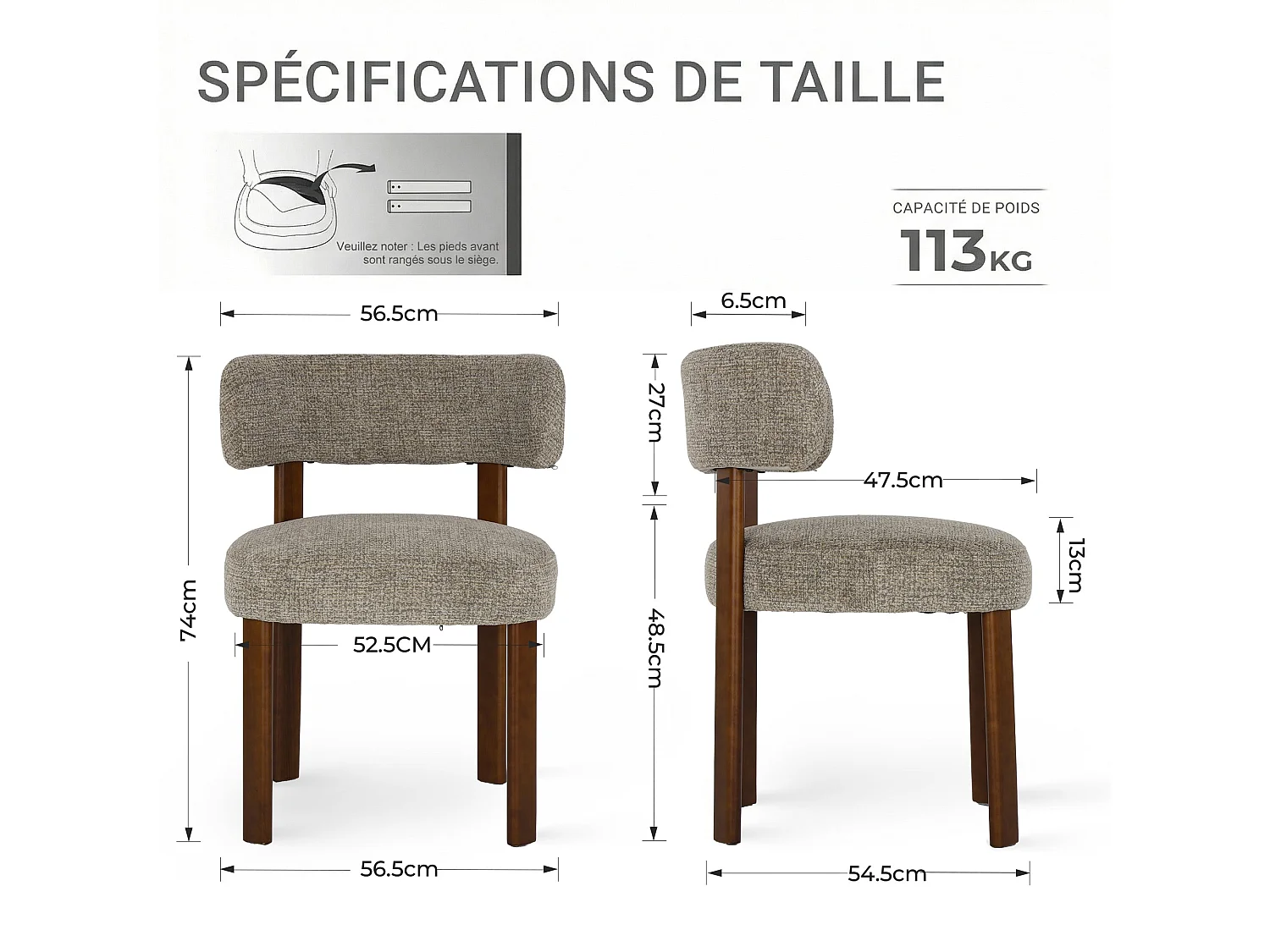 Lot de 6 chaises de salle à manger en bois massif marron, tissu bouclé, dossier incurvé