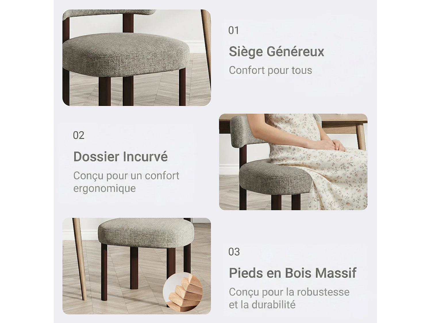 Lot de 6 chaises de salle à manger en bois massif marron, tissu bouclé, dossier incurvé
