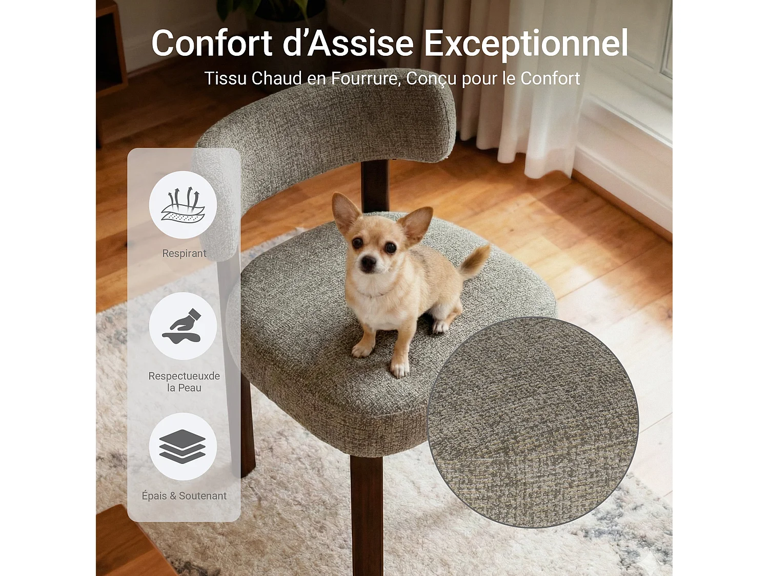Lot de 6 chaises de salle à manger en bois massif marron, tissu bouclé, dossier incurvé