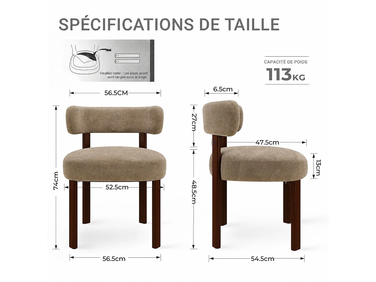 Lot de 6 chaises de salle à manger en bois massif marron, tissu velours, dossier incurvé