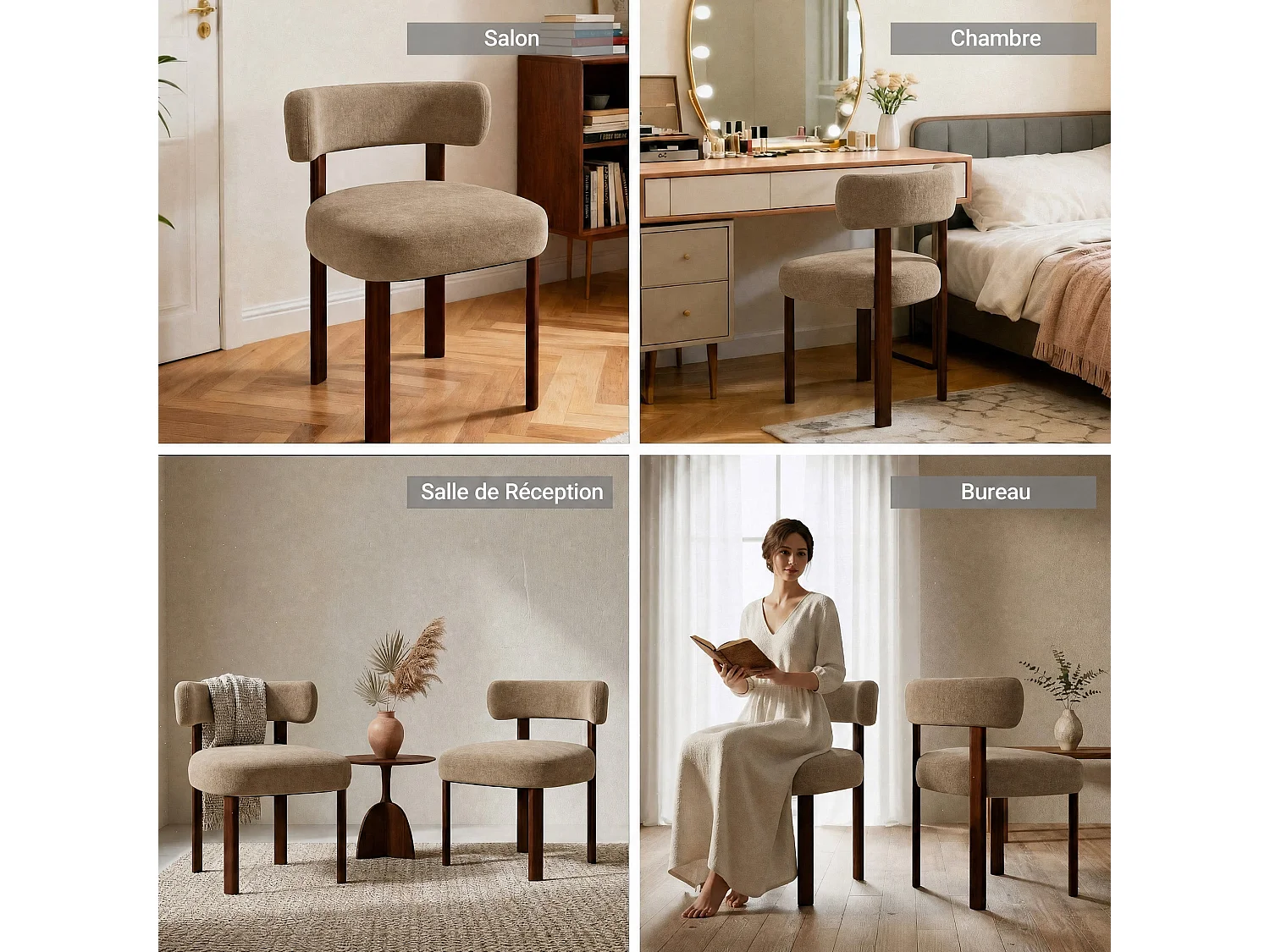 Lot de 6 chaises de salle à manger en bois massif marron, tissu velours, dossier incurvé
