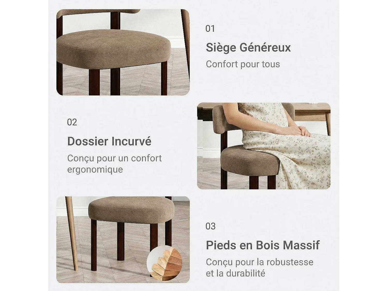 Lot de 6 chaises de salle à manger en bois massif marron, tissu velours, dossier incurvé