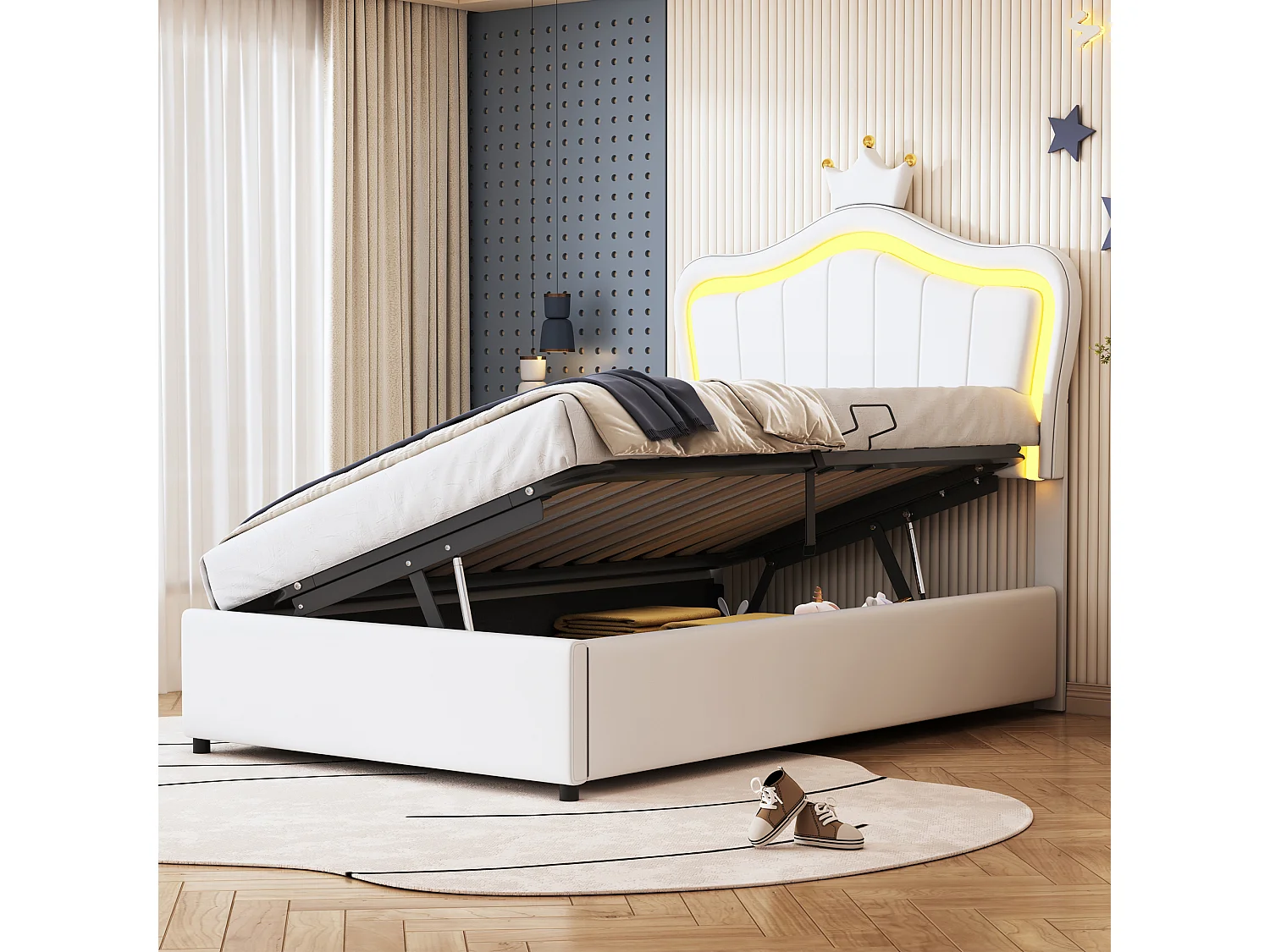Lit Capitonné 90x200 cm, Enfant, Couronne, Cuir PU, LED, Hydraulique, Tête Ajustable, 200 kg, Lattes, Montage, Blanc