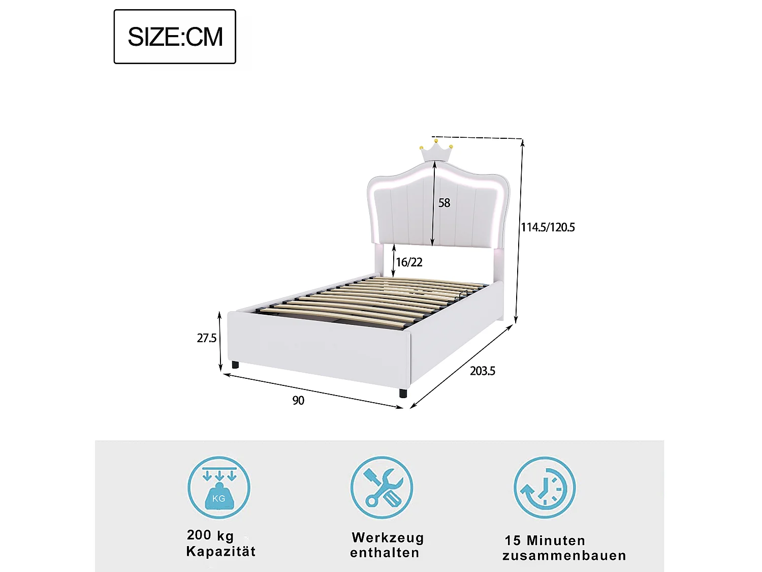 Lit Capitonné 90x200 cm, Enfant, Couronne, Cuir PU, LED, Hydraulique, Tête Ajustable, 200 kg, Lattes, Montage, Blanc