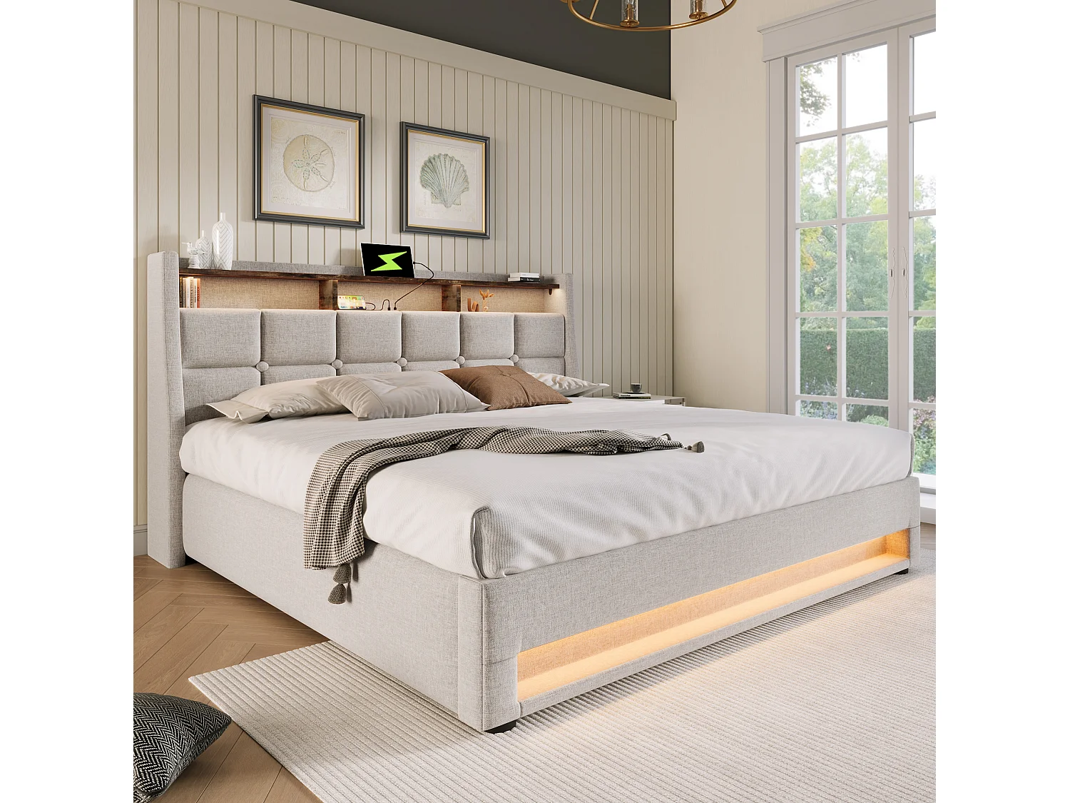 Lit 140x200 cm, Tête de Lit avec Port USB, LED Télécommandée, Rangement Hydraulique, Lin, Sommier à Lattes Inclus,Sans Matelas,Beige