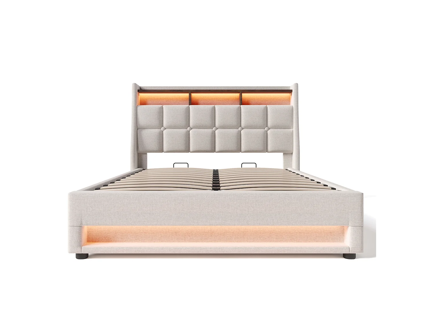 Lit 140x200 cm, Tête de Lit avec Port USB, LED Télécommandée, Rangement Hydraulique, Lin, Sommier à Lattes Inclus,Sans Matelas,Beige