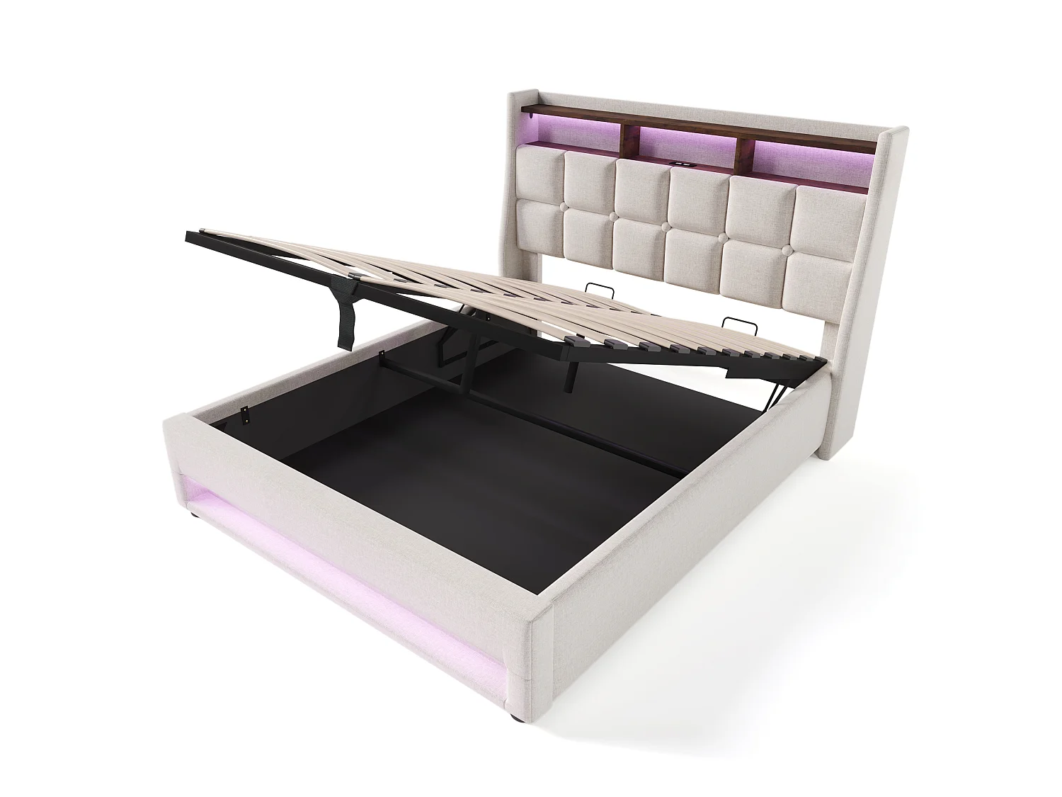 Lit 140x200 cm, Tête de Lit avec Port USB, LED Télécommandée, Rangement Hydraulique, Lin, Sommier à Lattes Inclus,Sans Matelas,Beige