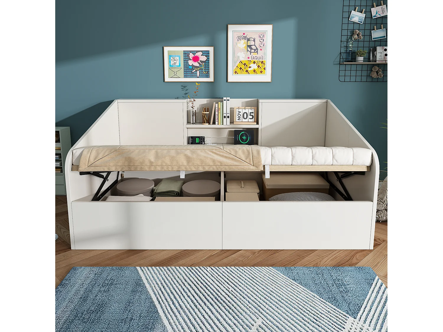 Lit Jour Hydraulique 90x200 cm, Bois, 2 Étagères, USB Type-C, Grand Rangement, Sommier Inclus, Gain de Place, Sans Matelas,  Blanc