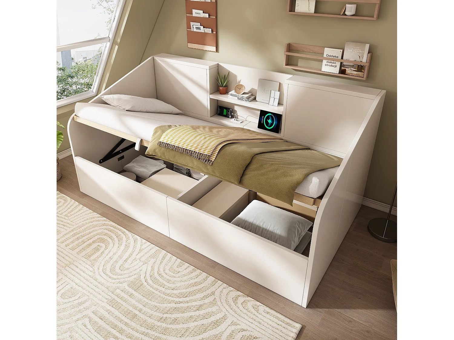 Lit Jour Hydraulique 90x200 cm, Bois, 2 Étagères, USB Type-C, Grand Rangement, Sommier Inclus, Gain de Place, Sans Matelas,  Blanc