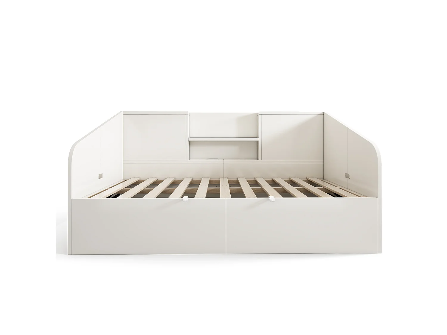 Lit Jour Hydraulique 90x200 cm, Bois, 2 Étagères, USB Type-C, Grand Rangement, Sommier Inclus, Gain de Place, Sans Matelas,  Blanc
