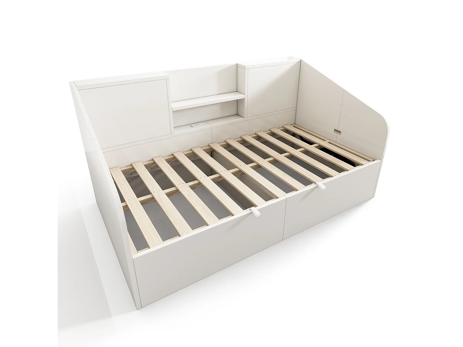 Lit Jour Hydraulique 90x200 cm, Bois, 2 Étagères, USB Type-C, Grand Rangement, Sommier Inclus, Gain de Place, Sans Matelas,  Blanc