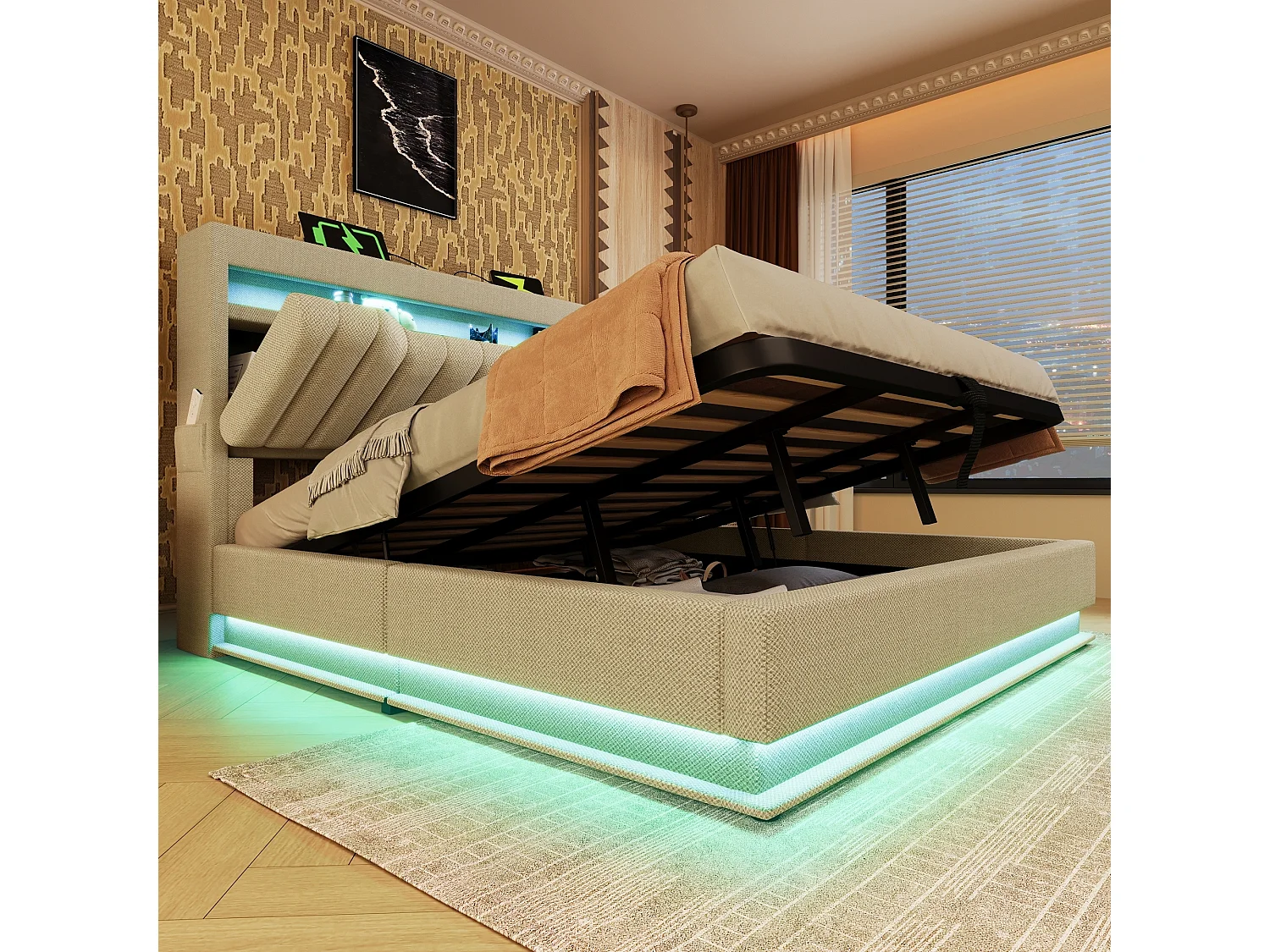 Lit Double 180x200cm Lin, LED RGB App-Control 60K Couleurs, Têtière USB+Type-C Rapide, Cadre Fer Anti-Bruit, Beige