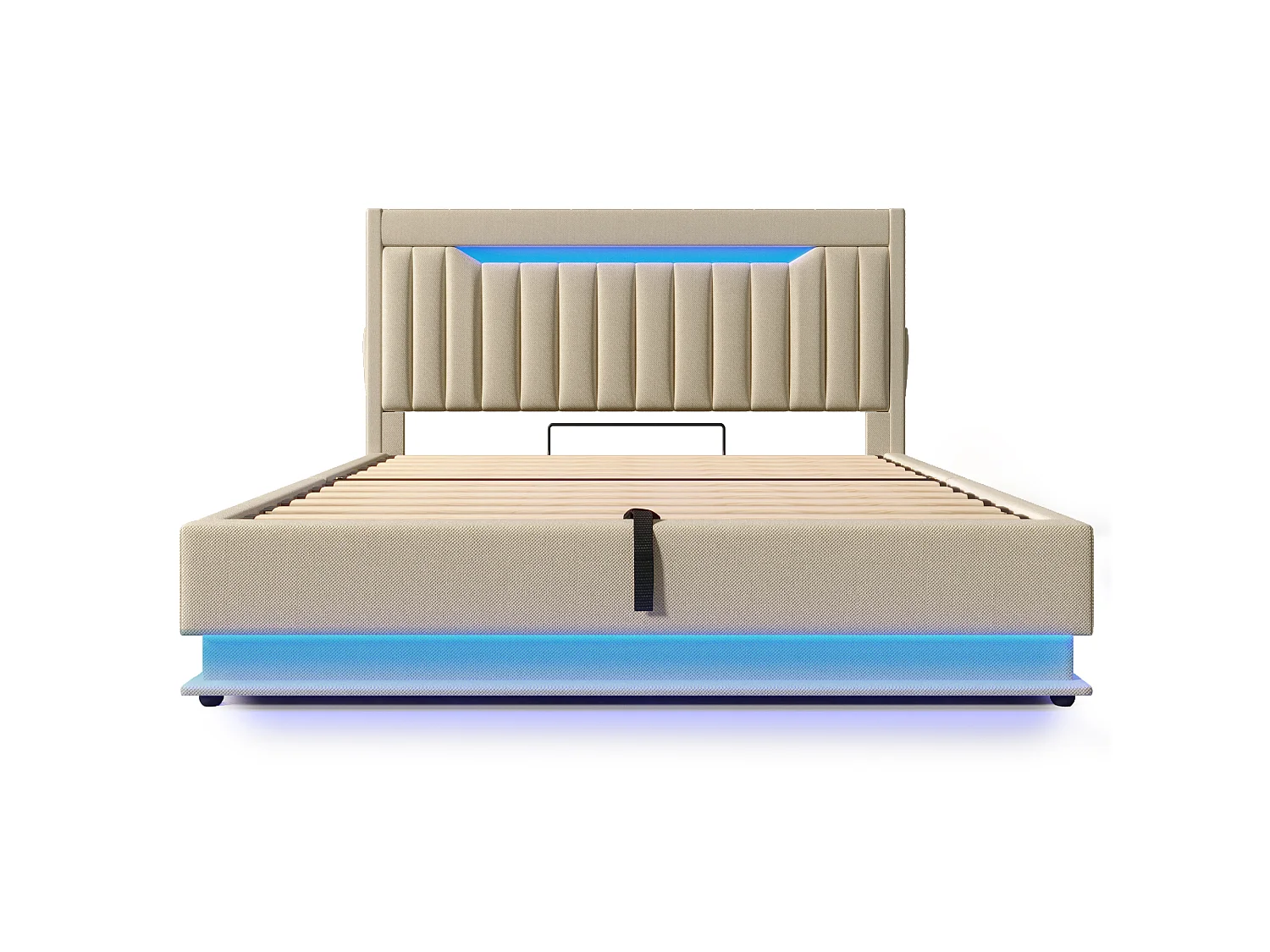 Lit Double 180x200cm Lin, LED RGB App-Control 60K Couleurs, Têtière USB+Type-C Rapide, Cadre Fer Anti-Bruit, Beige