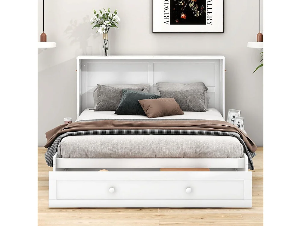 Lit mobile 140x200 cm solide, convertible en armoire, avec tiroir et étagères latérales, cadre en pin et MDF, blanc