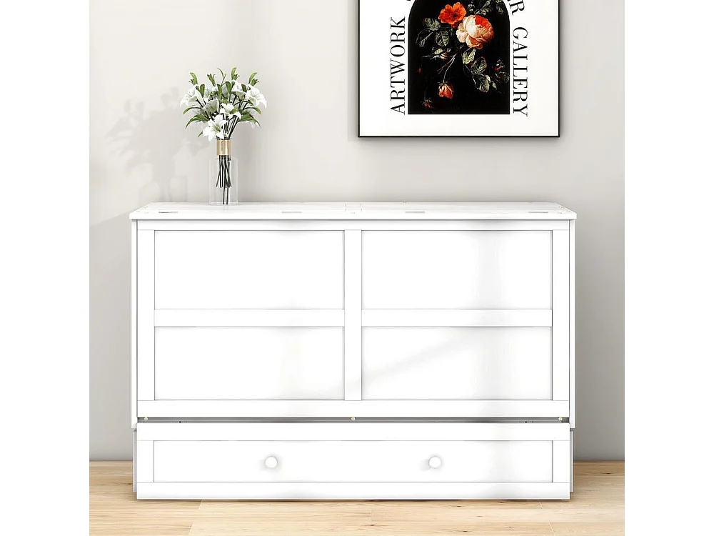 Lit mobile 140x200 cm solide, convertible en armoire, avec tiroir et étagères latérales, cadre en pin et MDF, blanc