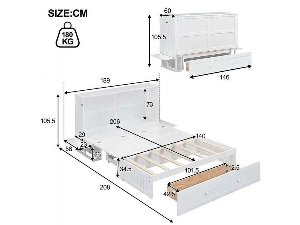 Lit mobile 140x200 cm solide, convertible en armoire, avec tiroir et étagères latérales, cadre en pin et MDF, blanc