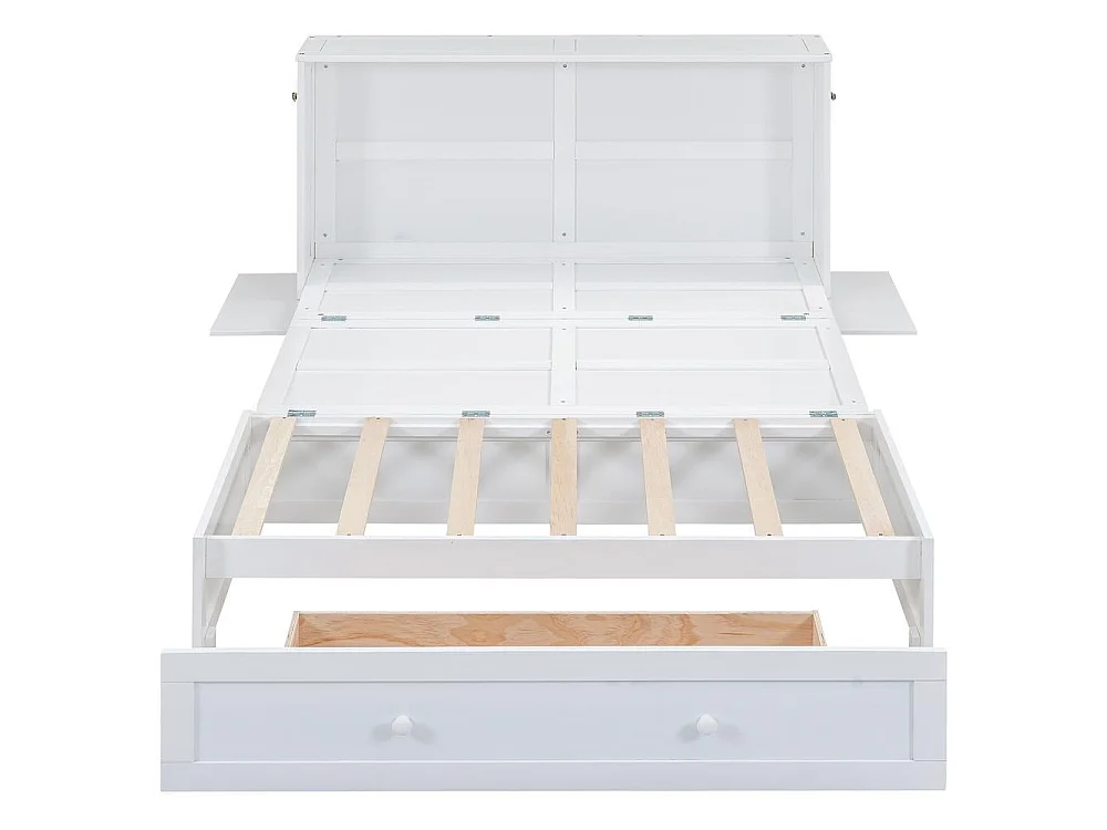 Lit mobile 140x200 cm solide, convertible en armoire, avec tiroir et étagères latérales, cadre en pin et MDF, blanc