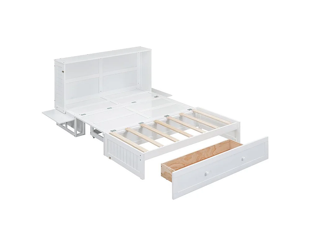Lit mobile 140x200 cm solide, convertible en armoire, avec tiroir et étagères latérales, cadre en pin et MDF, blanc