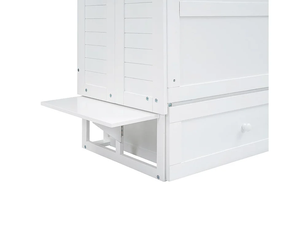 Lit mobile 140x200 cm solide, convertible en armoire, avec tiroir et étagères latérales, cadre en pin et MDF, blanc