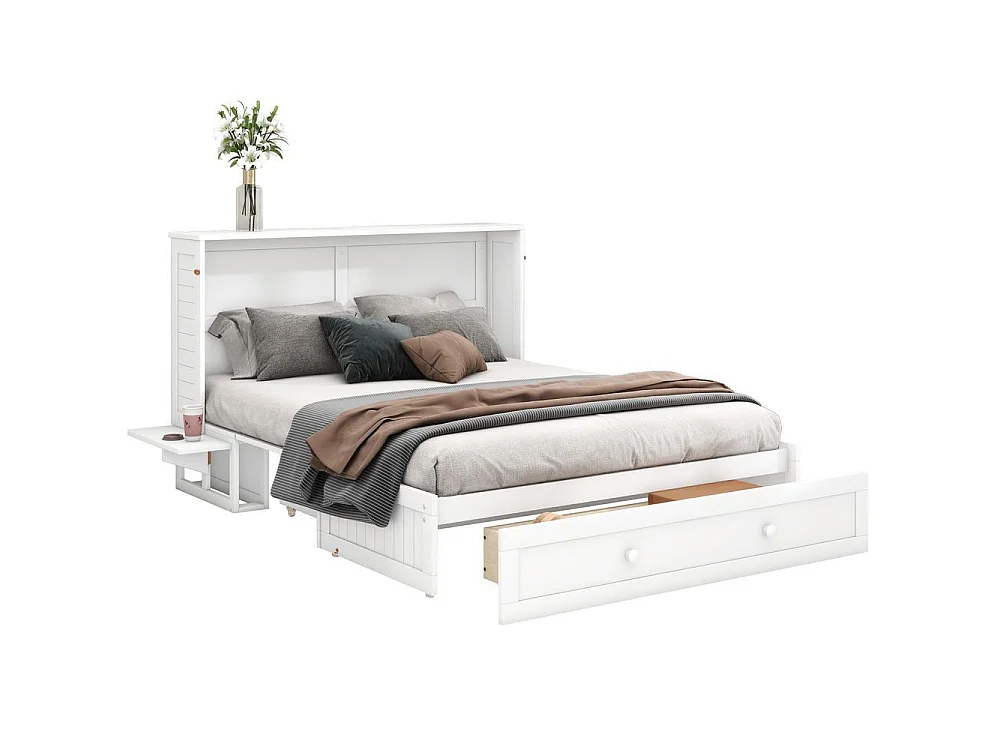 Lit mobile 140x200 cm solide, convertible en armoire, avec tiroir et étagères latérales, cadre en pin et MDF, blanc