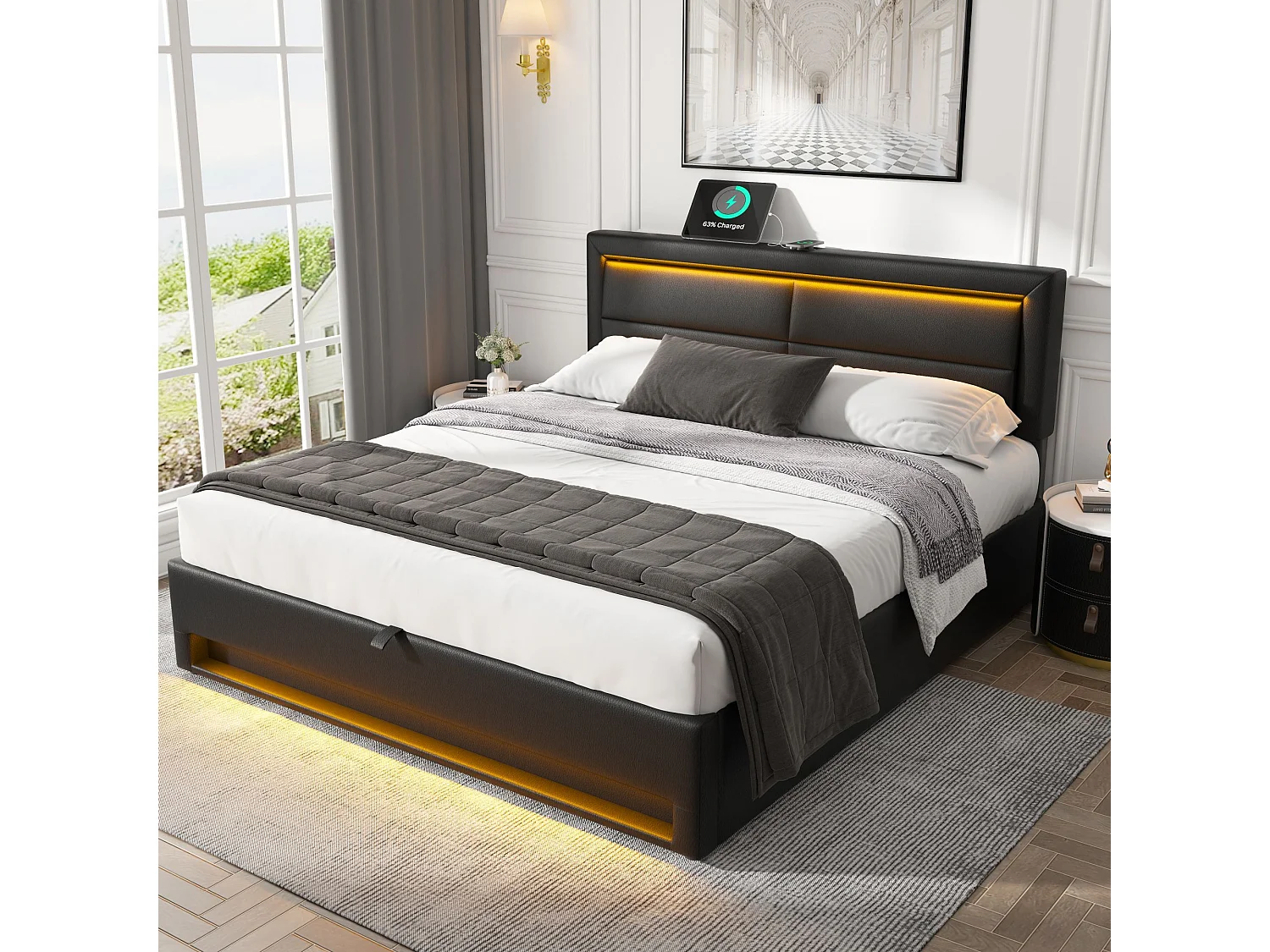 Lit Double 140x200cm Noir, USB Charge Induction+Filaire, LED 12 Couleurs, Rangement, Cadre Lattes Renforcé, PU Cuir, Sans Matelas
