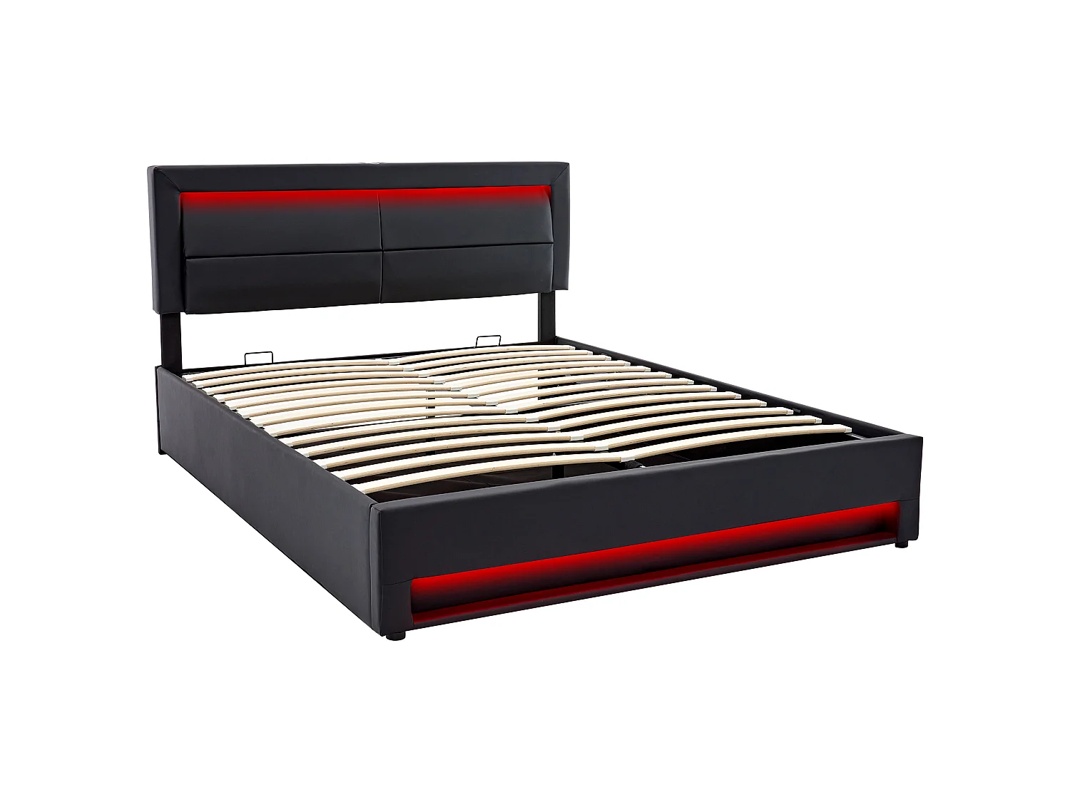 Lit Double 140x200cm Noir, USB Charge Induction+Filaire, LED 12 Couleurs, Rangement, Cadre Lattes Renforcé, PU Cuir, Sans Matelas
