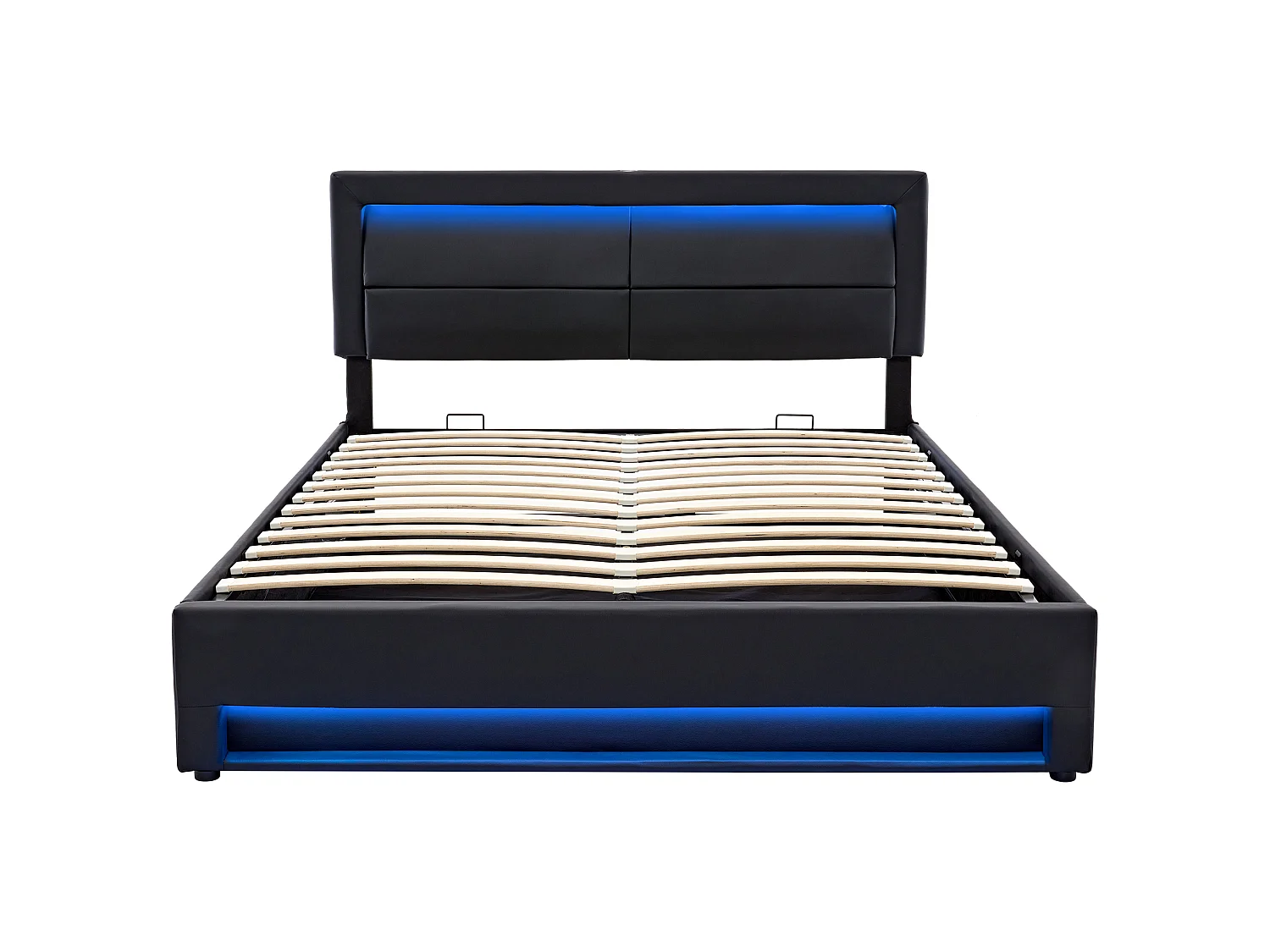 Lit Double 140x200cm Noir, USB Charge Induction+Filaire, LED 12 Couleurs, Rangement, Cadre Lattes Renforcé, PU Cuir, Sans Matelas