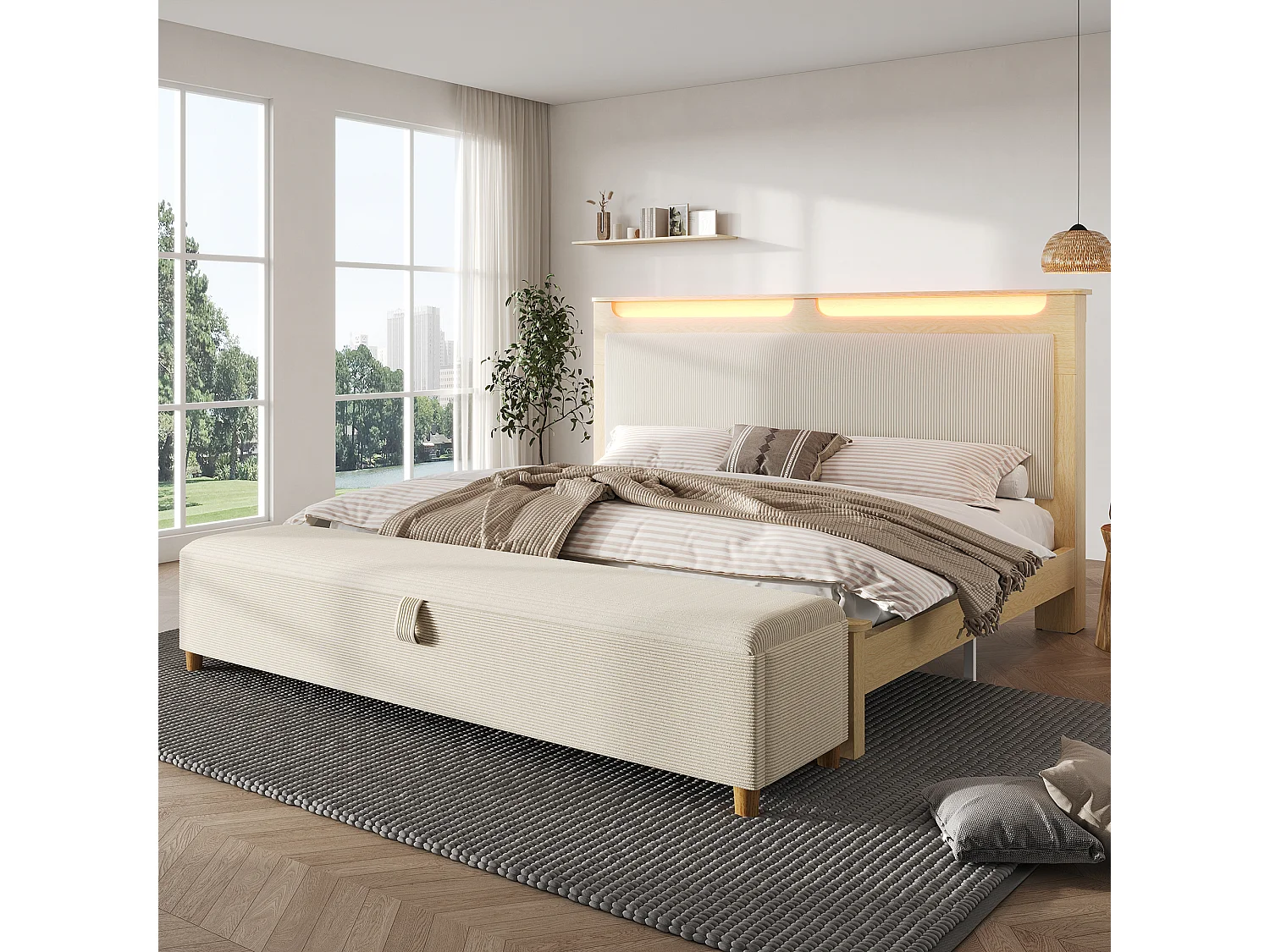 Lit 140x200 cm, Banc de Lit Inclus avec Rangement, Tête de Lit avec LED 20 Couleurs, Velours Coton Beige, Chêne Clair