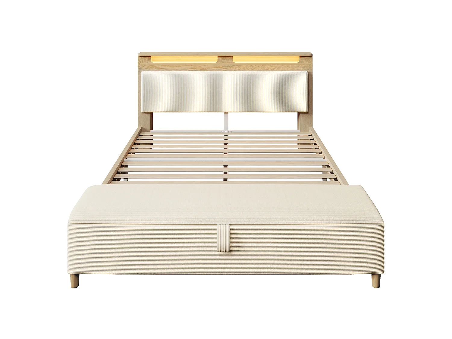 Lit 140x200 cm, Banc de Lit Inclus avec Rangement, Tête de Lit avec LED 20 Couleurs, Velours Coton Beige, Chêne Clair