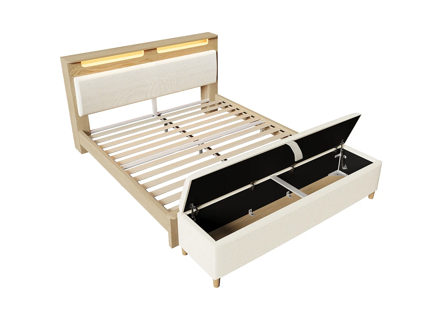 Lit 140x200 cm, Banc de Lit Inclus avec Rangement, Tête de Lit avec LED 20 Couleurs, Velours Coton Beige, Chêne Clair