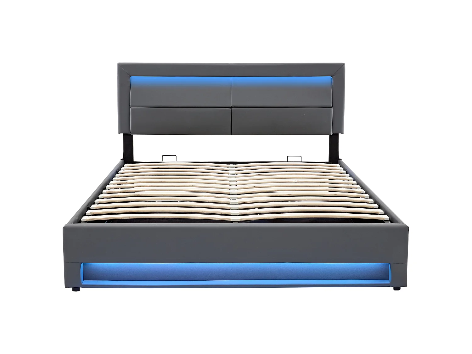 Lit Double 140x200cm Gris, USB Charge Induction+Filaire, LED 12 Couleurs, Rangement, Cadre Lattes Renforcé, PU Cuir, Sans Matelas
