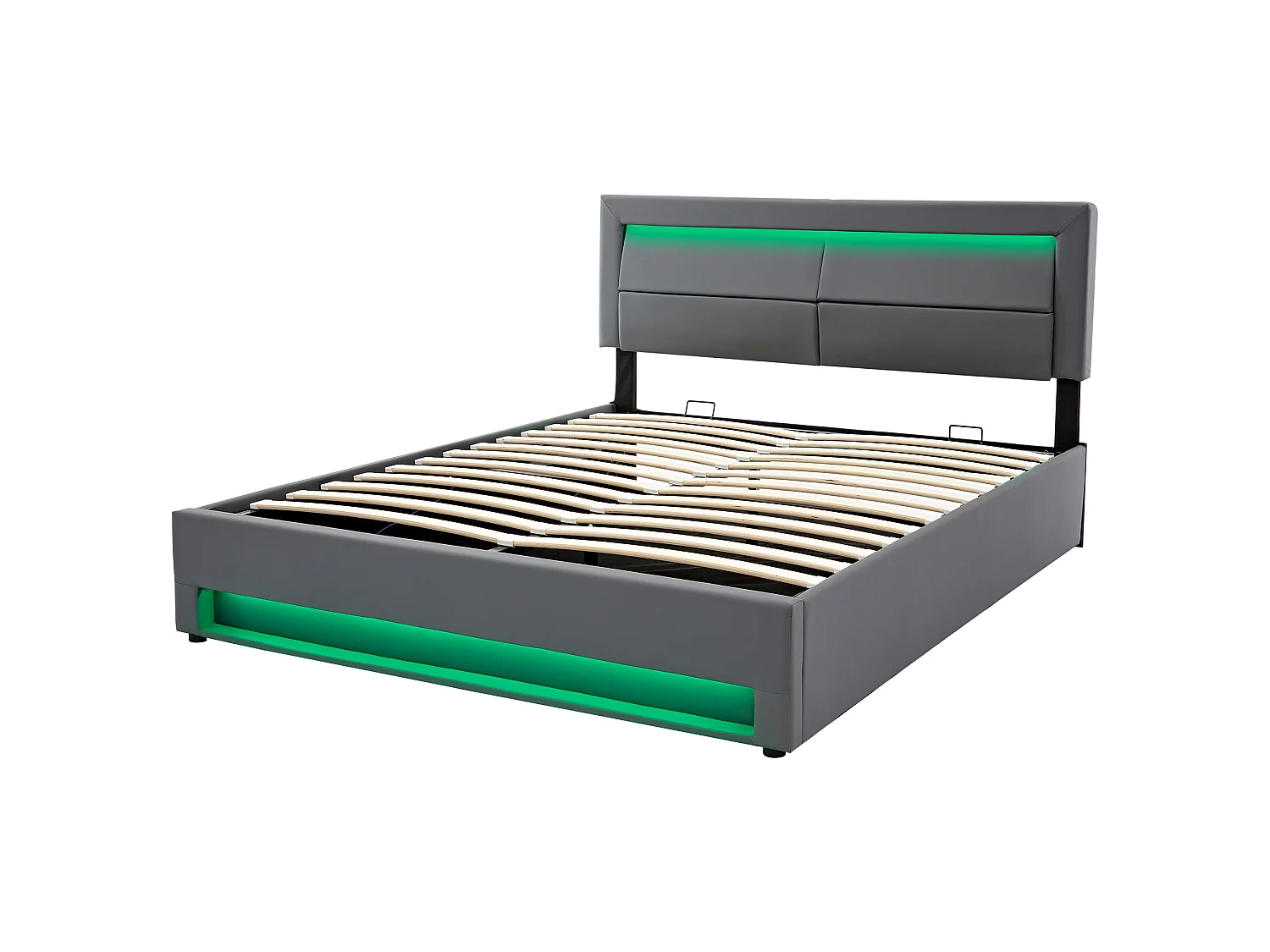Lit Double 140x200cm Gris, USB Charge Induction+Filaire, LED 12 Couleurs, Rangement, Cadre Lattes Renforcé, PU Cuir, Sans Matelas