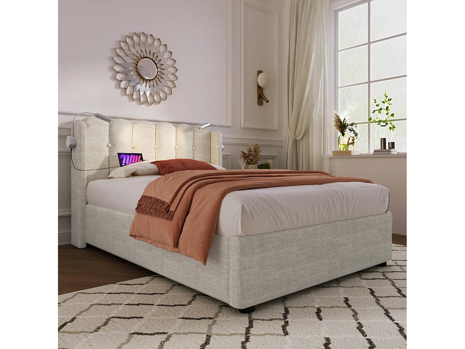 Lit simple 90x200 cm, lampe lecture, port USB, rangement gaz, cadre fer, sommier bois, sans matelas, velours Nature