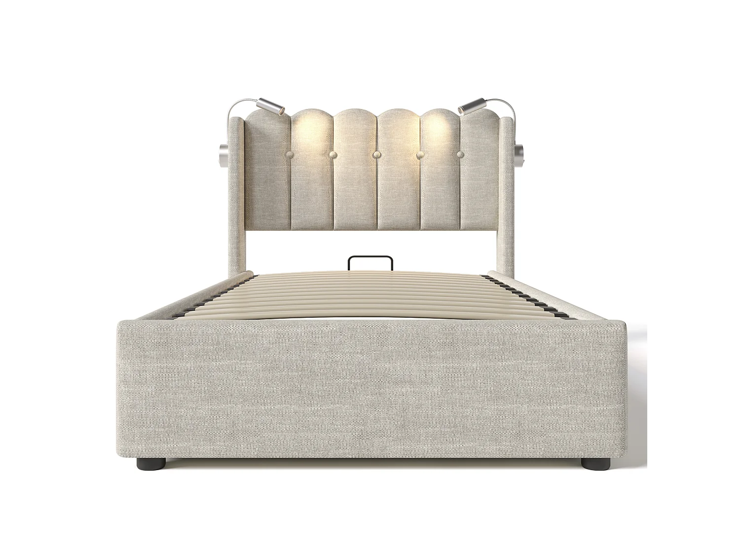 Lit simple 90x200 cm, lampe lecture, port USB, rangement gaz, cadre fer, sommier bois, sans matelas, velours Nature