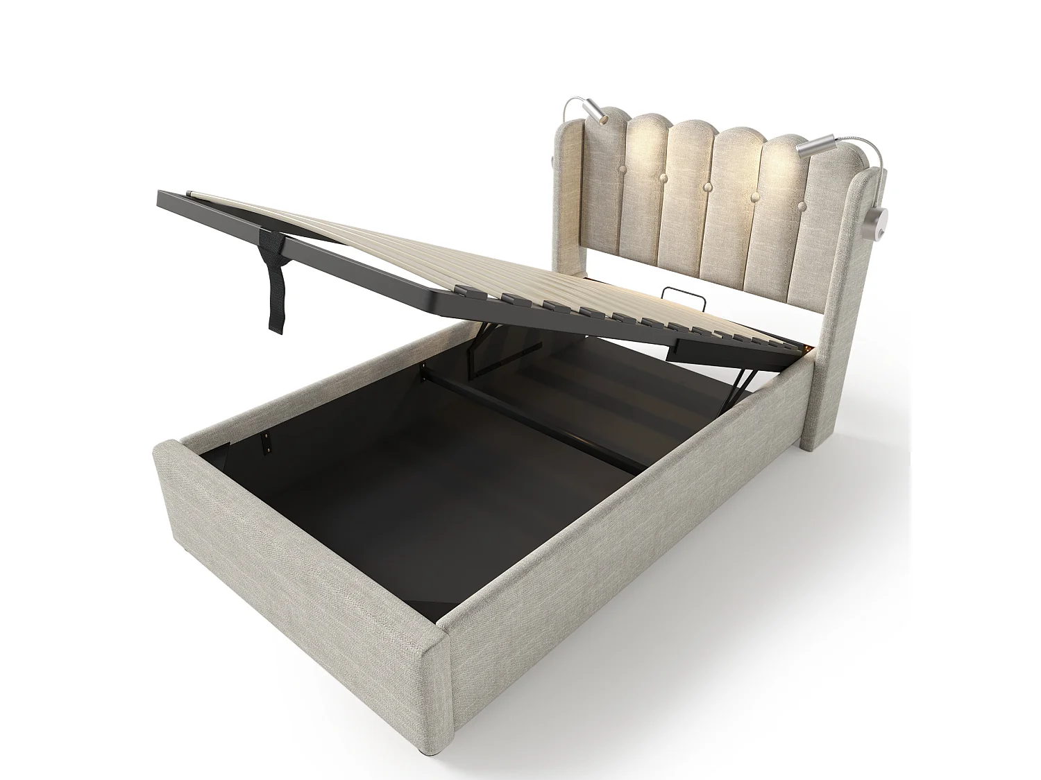 Lit simple 90x200 cm, lampe lecture, port USB, rangement gaz, cadre fer, sommier bois, sans matelas, velours Nature