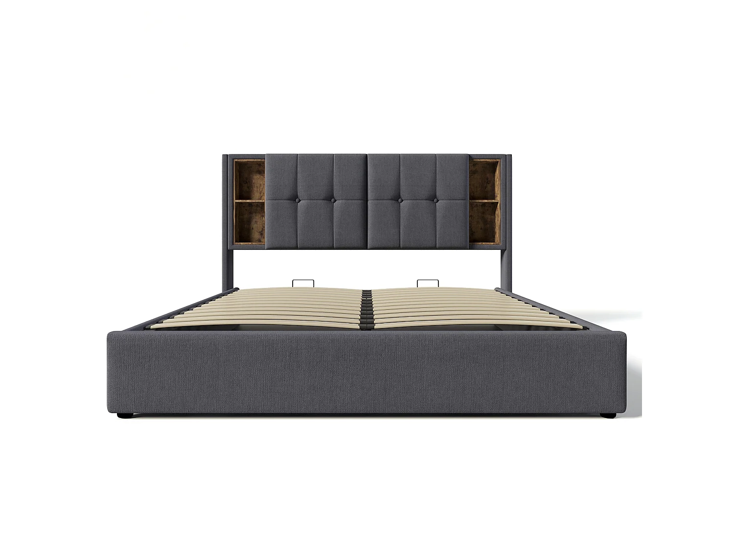 Lit 180x200 cm, Recharge Sans Fil, Port USB C, Rangement Hydraulique, Sommier à Lattes Bois Inclus, Sans Matelas, Coton Gris