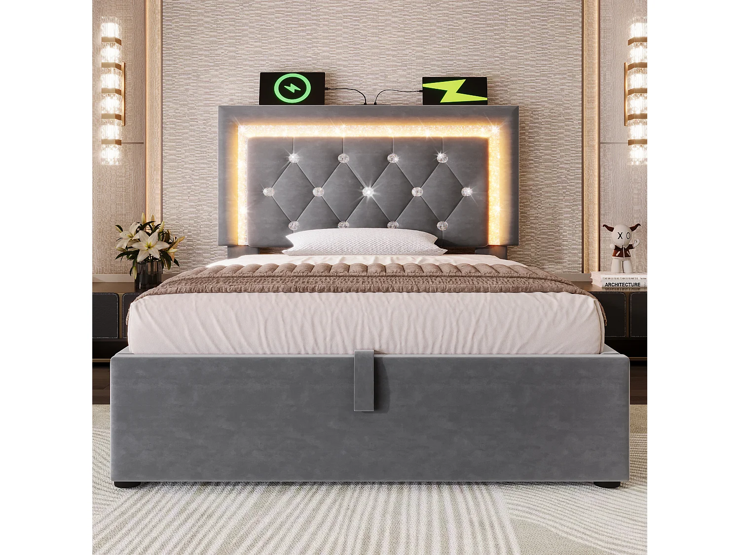 Lit simple 90x200 cm, velours, LED diamant, USB Type-C, rangement hydraulique, cadre fer, sommier inclus, sans matelas, gris