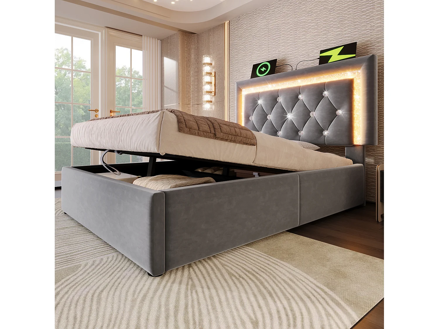 Lit simple 90x200 cm, velours, LED diamant, USB Type-C, rangement hydraulique, cadre fer, sommier inclus, sans matelas, gris