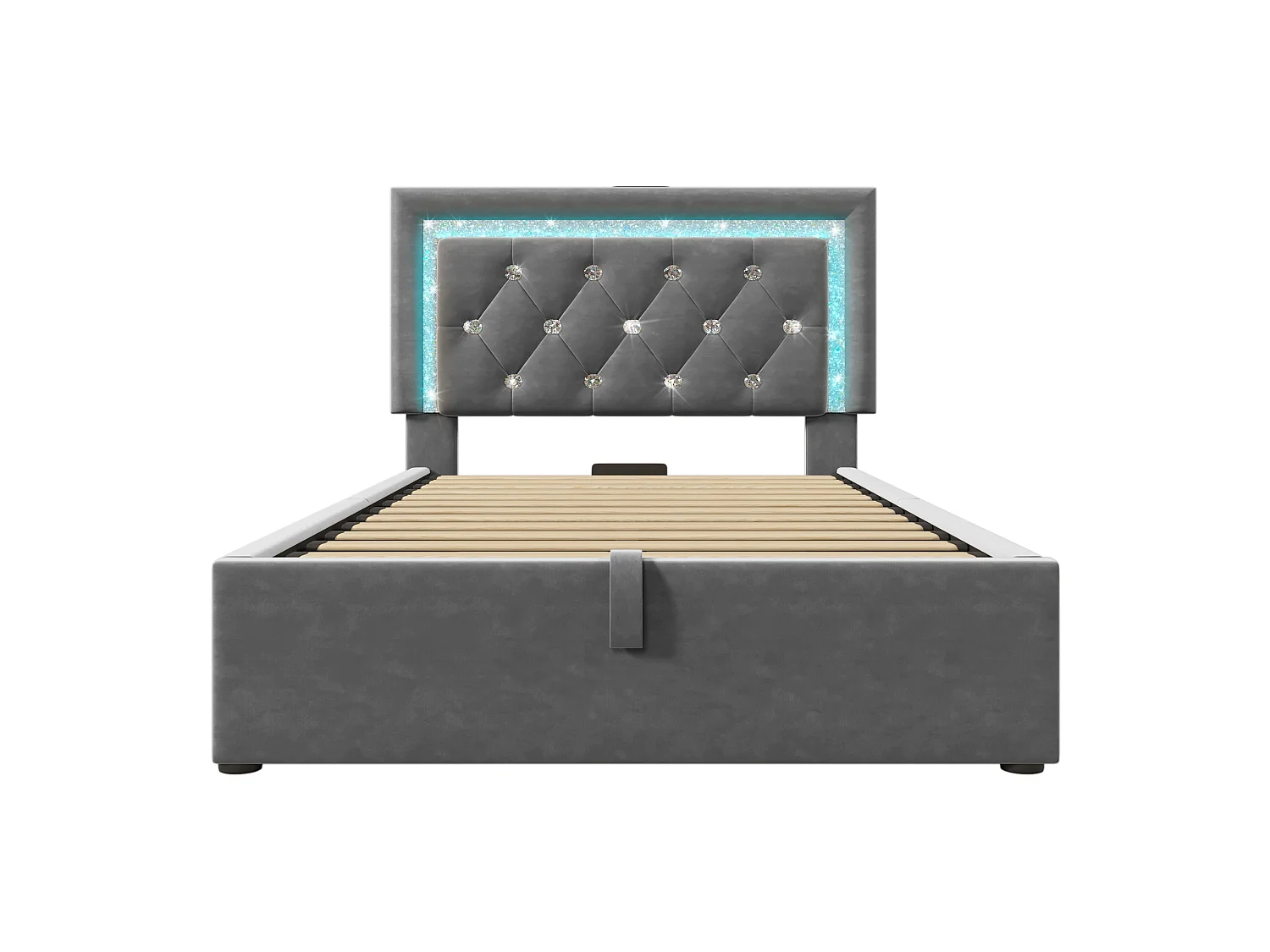 Lit simple 90x200 cm, velours, LED diamant, USB Type-C, rangement hydraulique, cadre fer, sommier inclus, sans matelas, gris