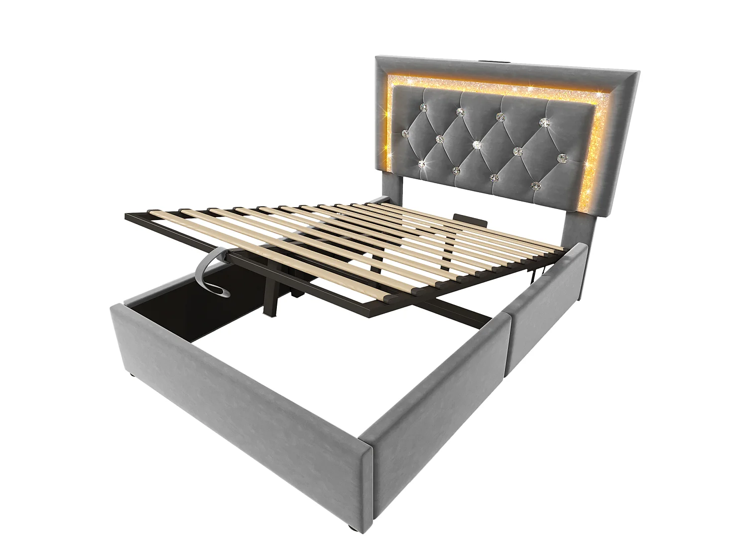 Lit simple 90x200 cm, velours, LED diamant, USB Type-C, rangement hydraulique, cadre fer, sommier inclus, sans matelas, gris