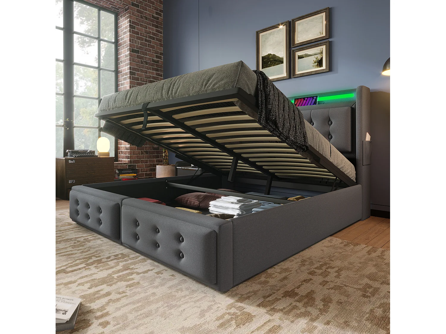 Lit Double 160x200cm,Coton-Lin,Têtière LED+2 Prises EU+USB+Type-C,Rangement Hydraulique 300kg, Cadre Acier-Bois, Sans Matelas, Gris