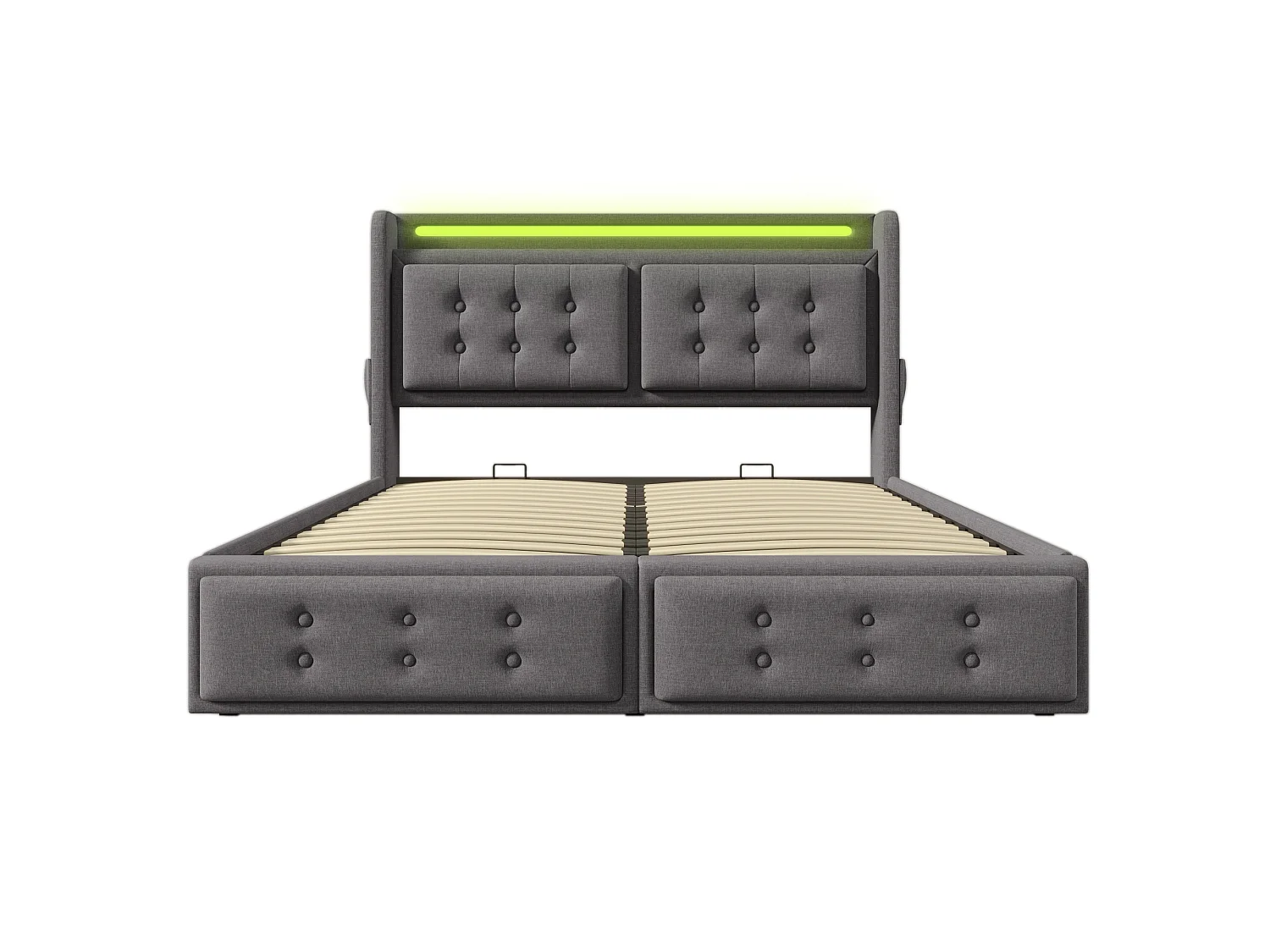 Lit Double 160x200cm,Coton-Lin,Têtière LED+2 Prises EU+USB+Type-C,Rangement Hydraulique 300kg, Cadre Acier-Bois, Sans Matelas, Gris