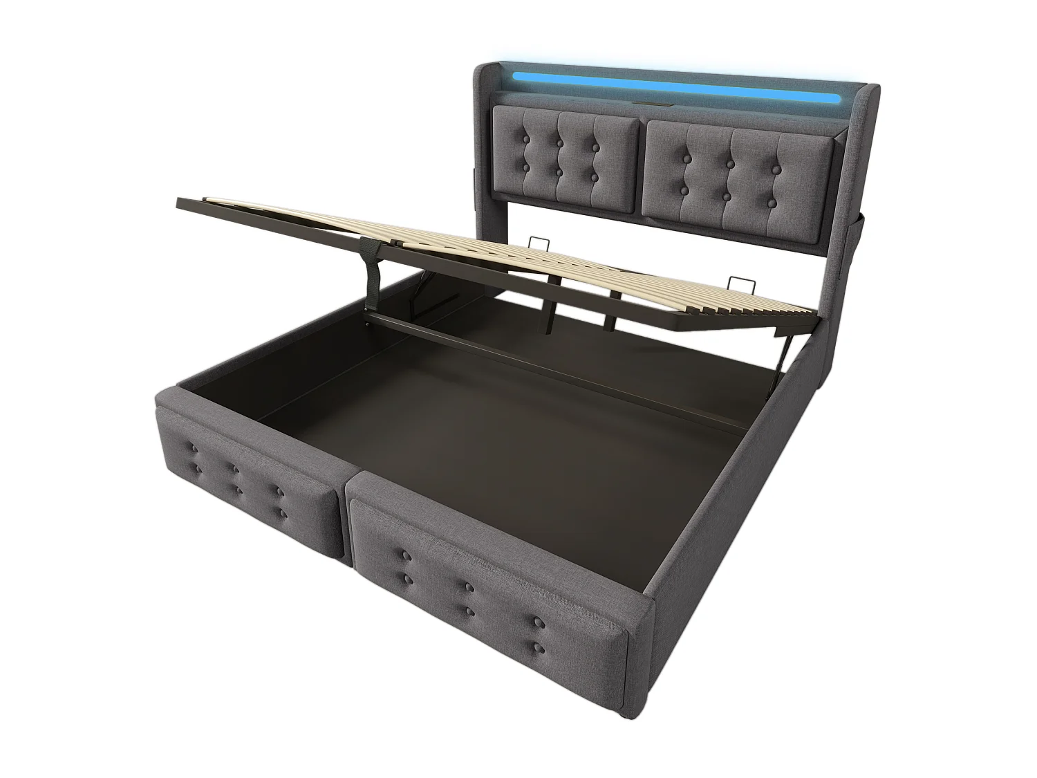 Lit Double 160x200cm,Coton-Lin,Têtière LED+2 Prises EU+USB+Type-C,Rangement Hydraulique 300kg, Cadre Acier-Bois, Sans Matelas, Gris