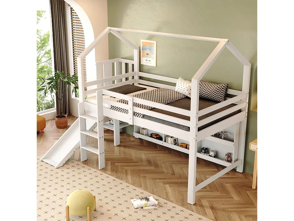 Lit enfant 90x200 cm, bois massif, lit simple multifonction avec toboggan, escaliers, rangements et étagères, blanc