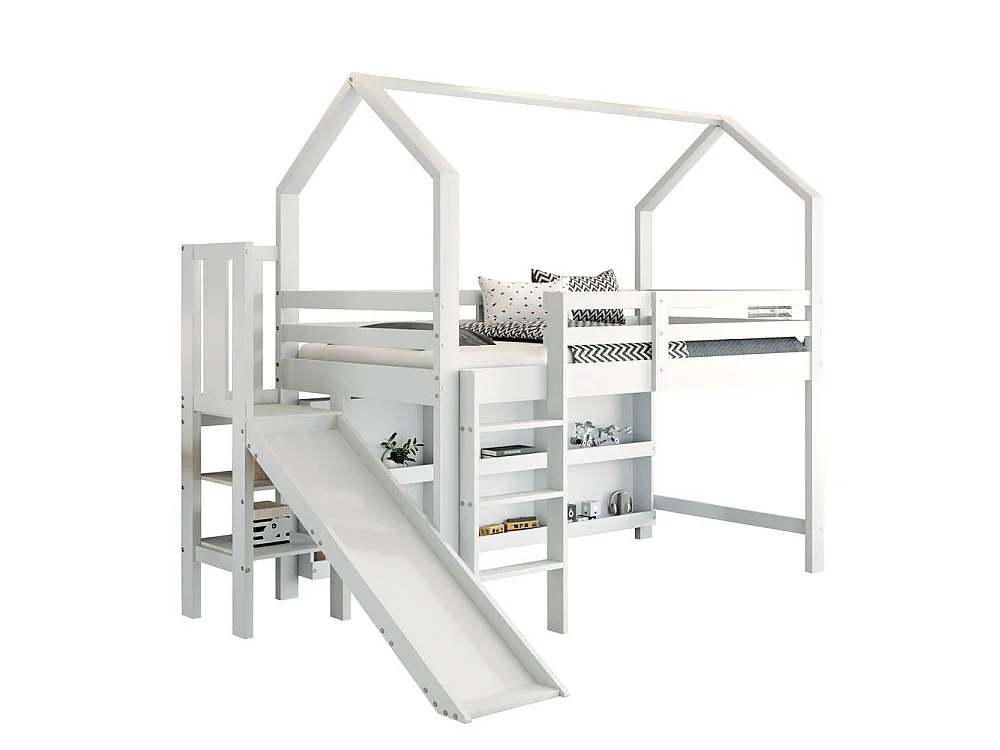 Lit enfant 90x200 cm, bois massif, lit simple multifonction avec toboggan, escaliers, rangements et étagères, blanc