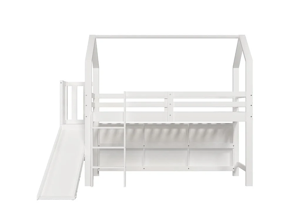Lit enfant 90x200 cm, bois massif, lit simple multifonction avec toboggan, escaliers, rangements et étagères, blanc