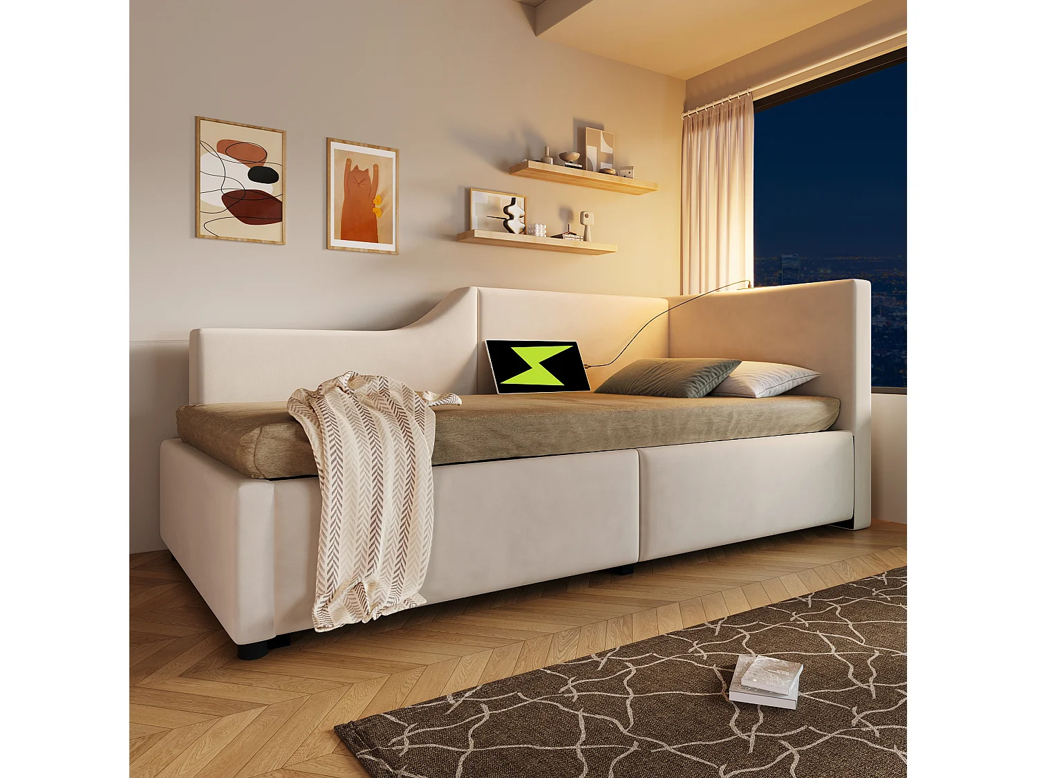Lit coffre 90x200, Velours, Hydraulique, Lampe Lecture, USB C, Lattes Bois, Matelas Non Inclus, Pour Enfant, Beige