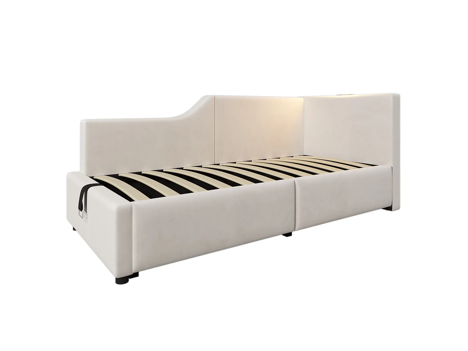 Lit coffre 90x200, Velours, Hydraulique, Lampe Lecture, USB C, Lattes Bois, Matelas Non Inclus, Pour Enfant, Beige